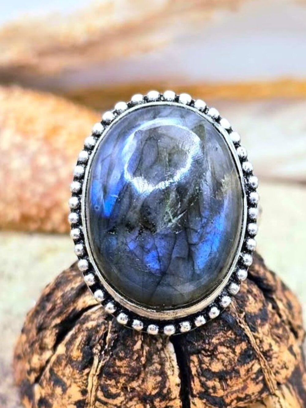 Flashy Natural Labradorite Oval Ring – Size 9.5